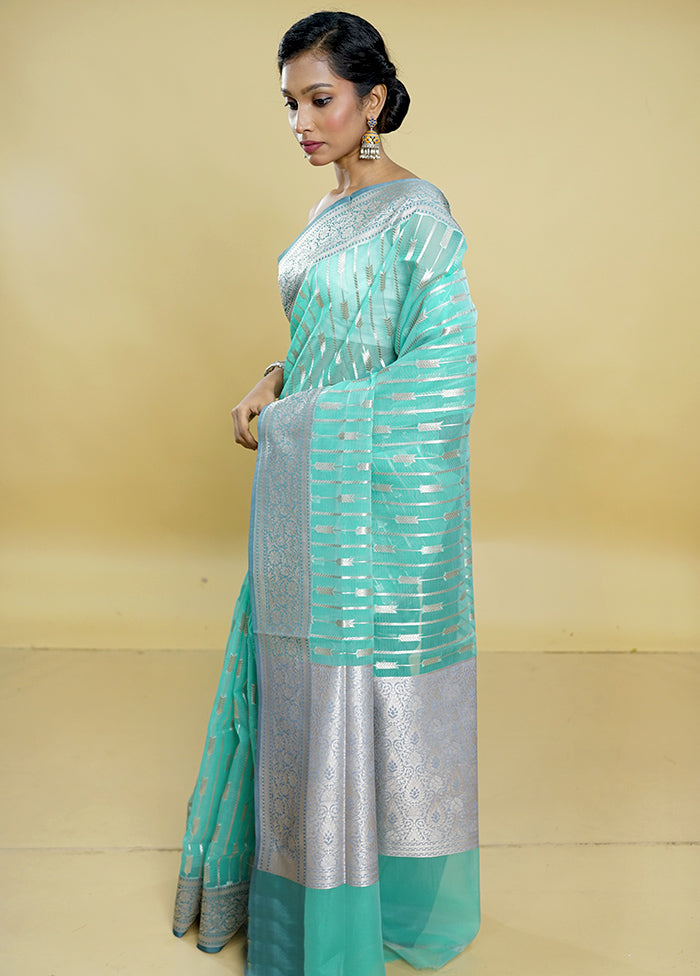 Blue Organza Saree With Blouse Piece