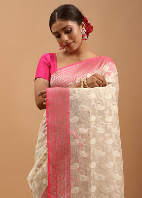 Cream Organza Saree With Blouse Piece