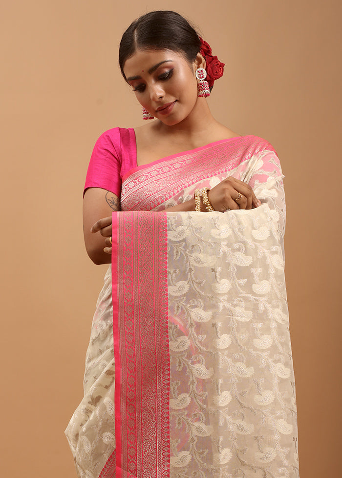 Cream Organza Saree With Blouse Piece