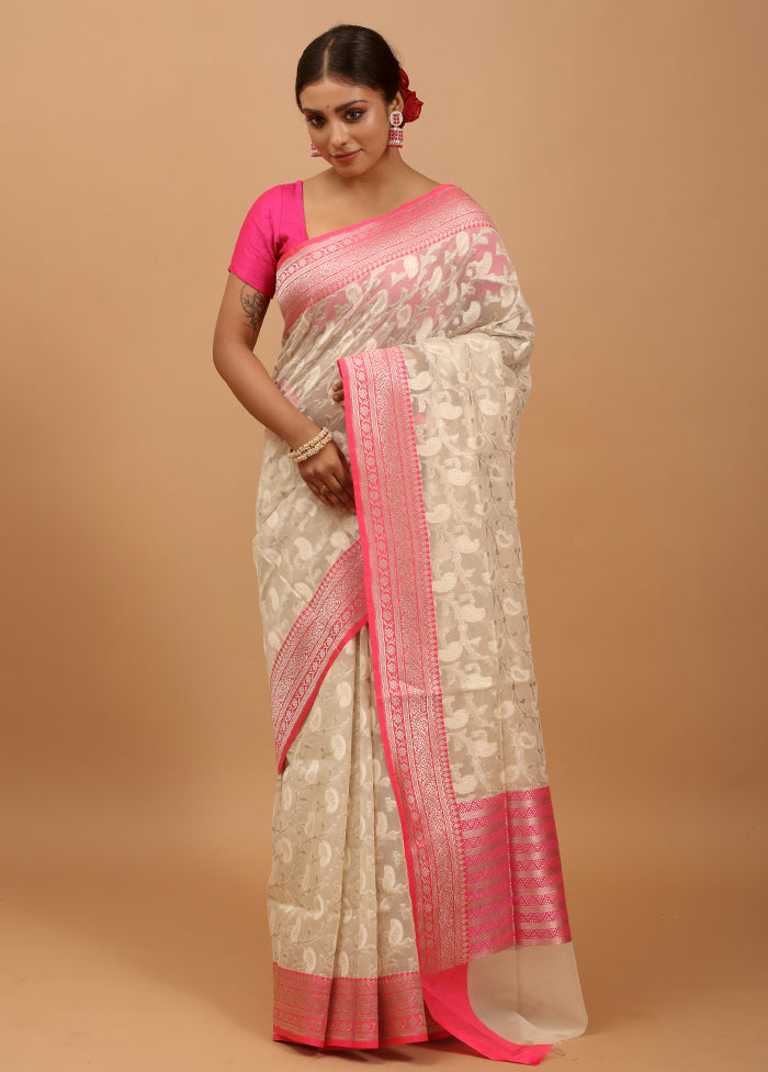 Cream Organza Saree With Blouse Piece