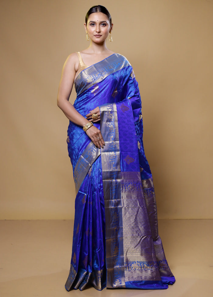 Blue Handloom Kanchipuram Pure Silk Saree With Blouse Piece