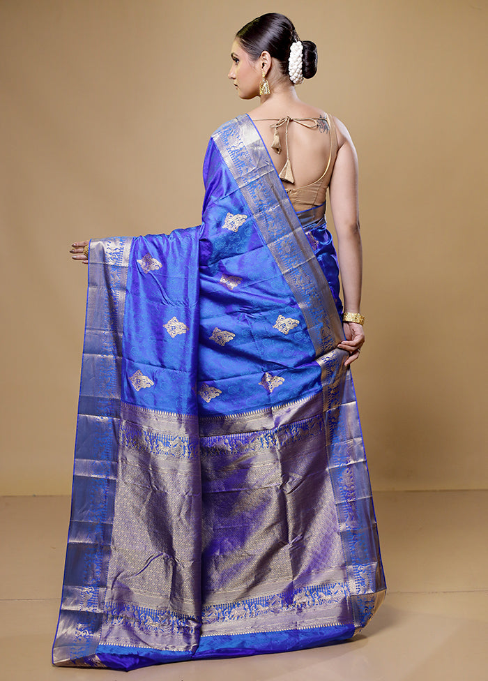 Blue Handloom Kanchipuram Pure Silk Saree With Blouse Piece