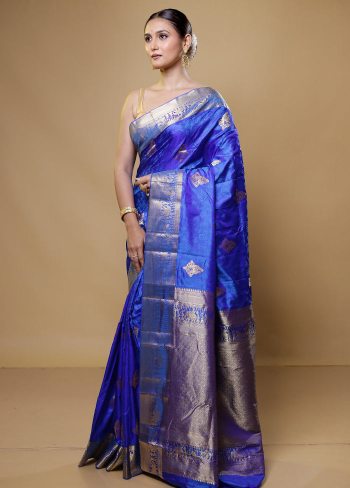 Blue Handloom Kanchipuram Pure Silk Saree With Blouse Piece