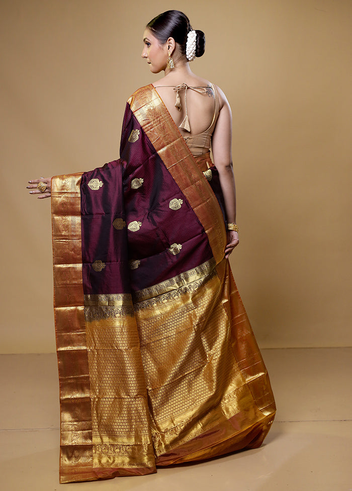 Purple Handloom Kanchipuram Pure Silk Saree With Blouse Piece