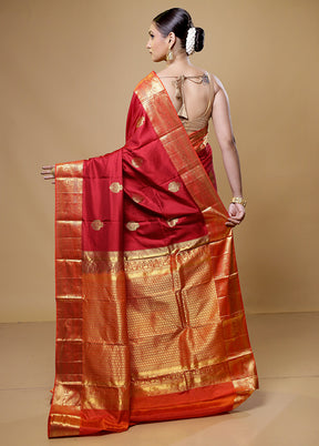 Red Handloom Kanchipuram Pure Silk Saree With Blouse Piece