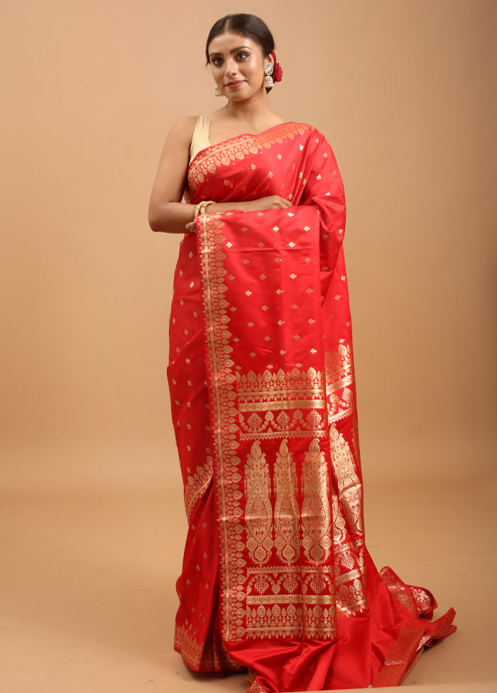 Red Banarasi Silk Saree With Blouse Piece