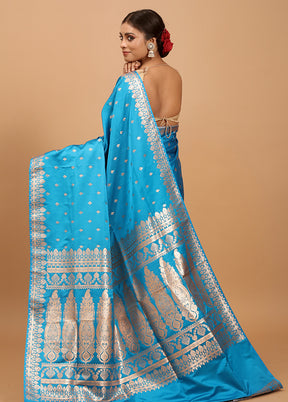 Blue Banarasi Silk Saree With Blouse Piece