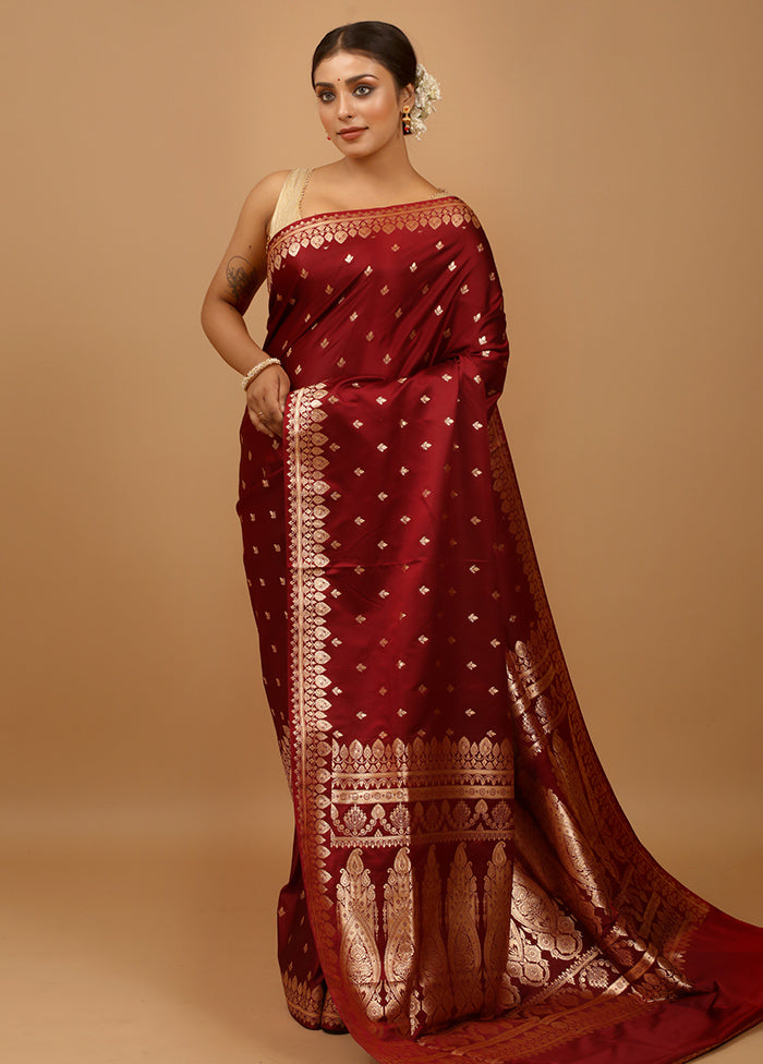 Maroon Banarasi Silk Saree With Blouse Piece