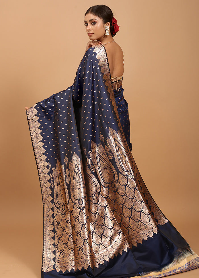 Blue Banarasi Silk Saree With Blouse Piece