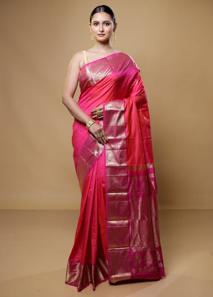 Pink Kanjivaram Silk Saree With Blouse Piece