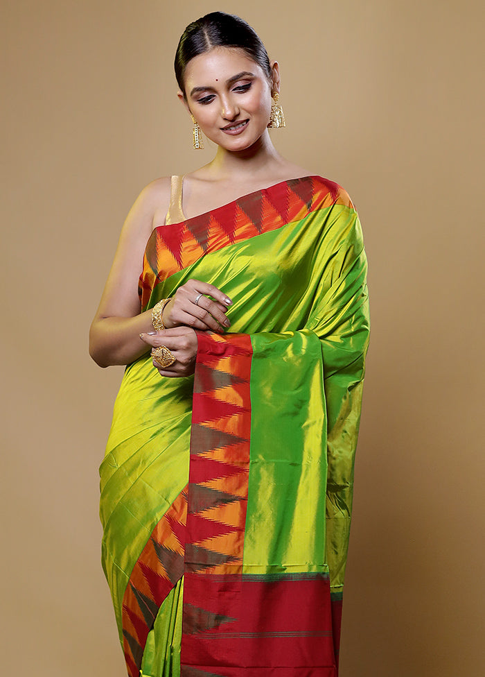 Green Handloom Kanjivaram Pure Silk Saree With Blouse Piece