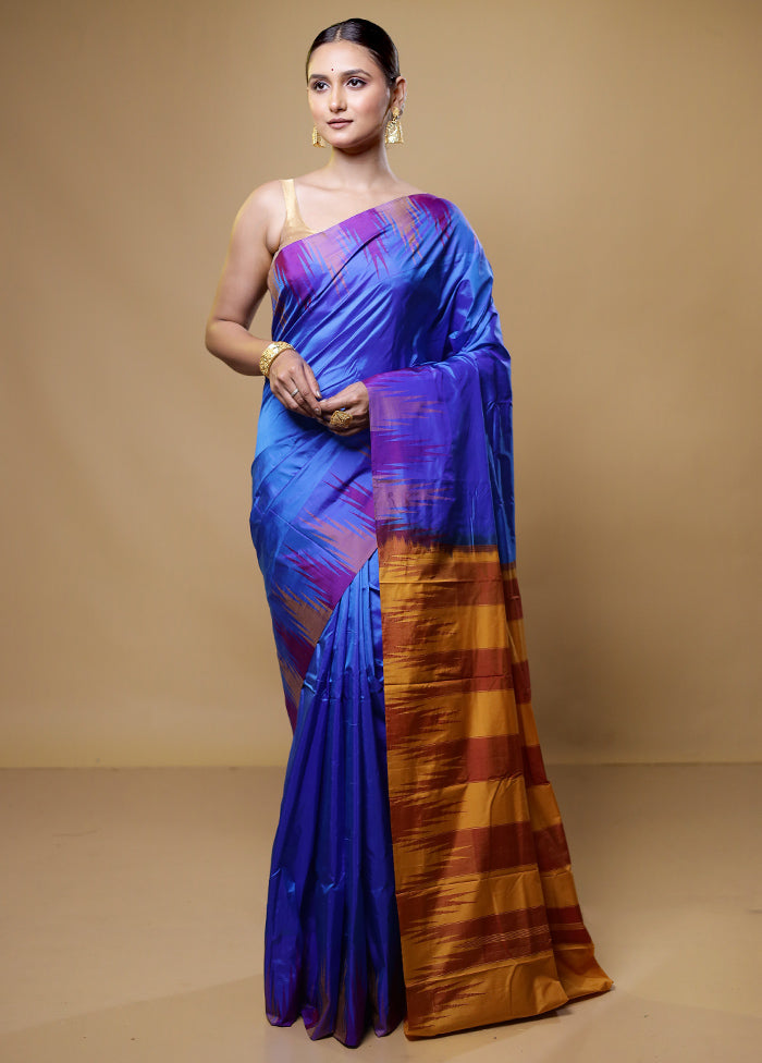 Blue Handloom Kanjivaram Pure Silk Saree With Blouse Piece