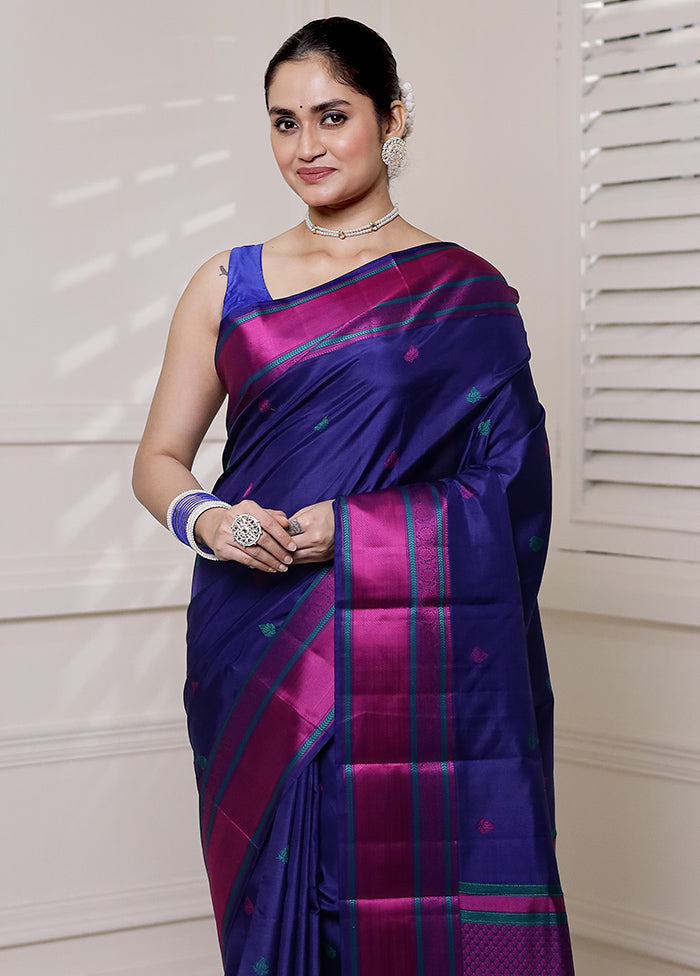 Blue Handloom Kanjivaram Pure Silk Saree With Blouse Piece