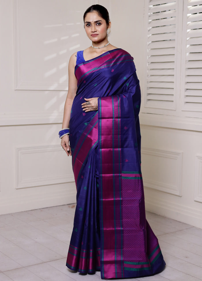 Blue Handloom Kanjivaram Pure Silk Saree With Blouse Piece