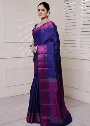 Blue Handloom Kanjivaram Pure Silk Saree With Blouse Piece