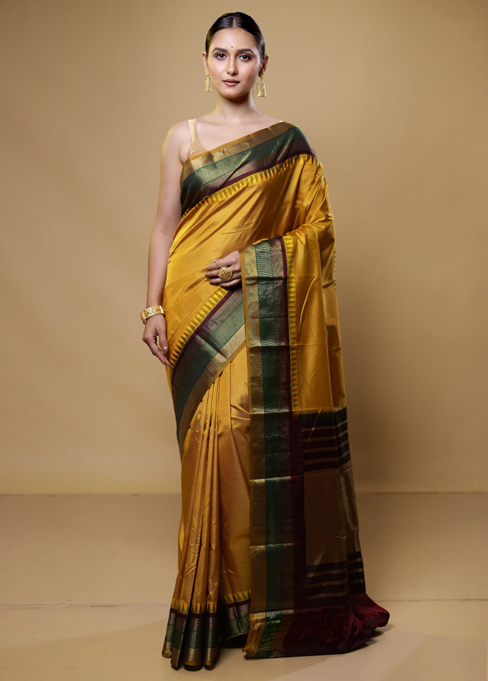 Yellow Handloom Kanjivaram Pure Silk Saree With Blouse Piece