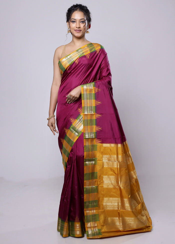 Purple Handloom Kanjivaram Pure Silk Saree With Blouse Piece