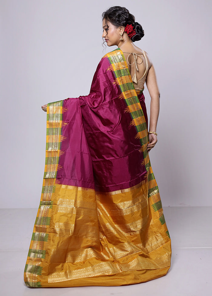 Purple Handloom Kanjivaram Pure Silk Saree With Blouse Piece