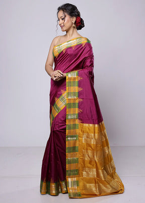 Purple Handloom Kanjivaram Pure Silk Saree With Blouse Piece