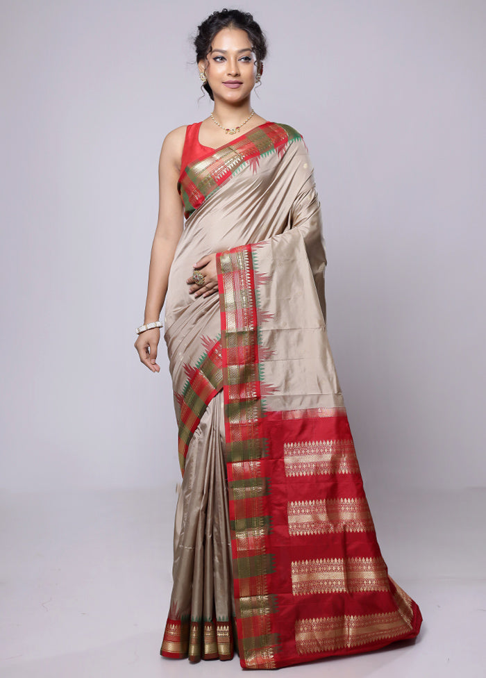 Grey Handloom Kanjivaram Pure Silk Saree With Blouse Piece