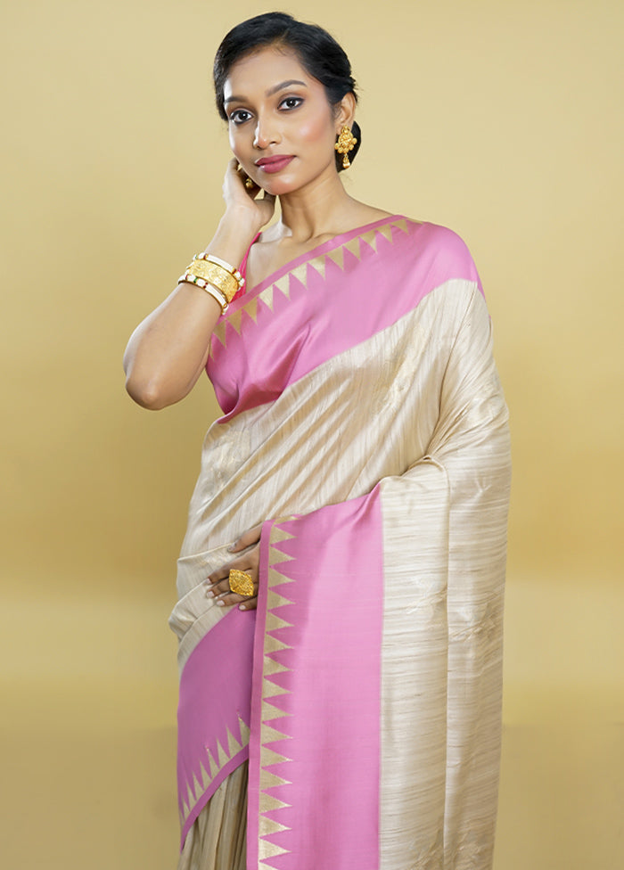 Cream Tussar Silk Saree With Blouse Piece