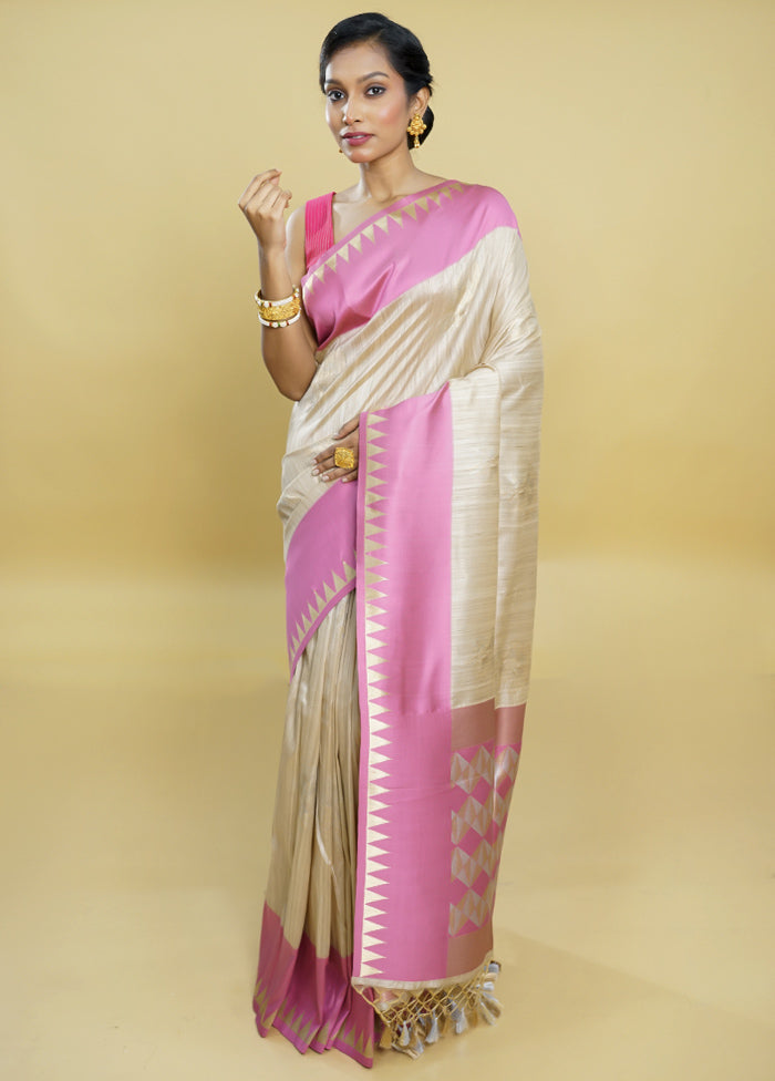 Cream Tussar Silk Saree With Blouse Piece