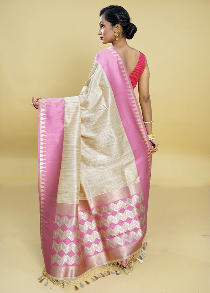 Cream Tussar Silk Saree With Blouse Piece