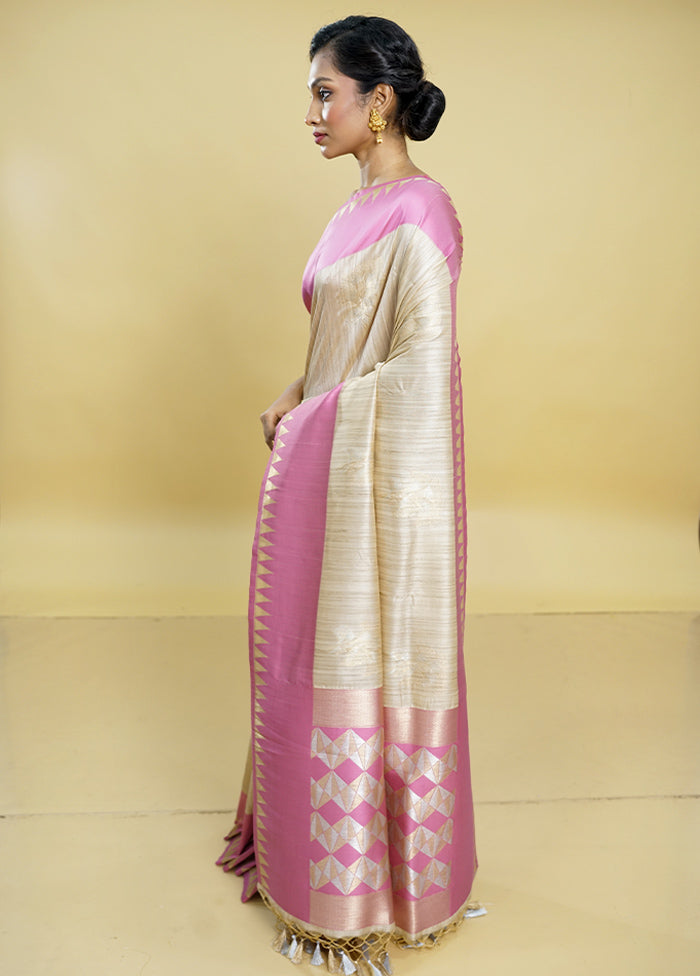 Cream Tussar Silk Saree With Blouse Piece