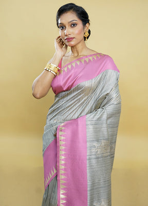 Grey Tussar Silk Saree With Blouse Piece