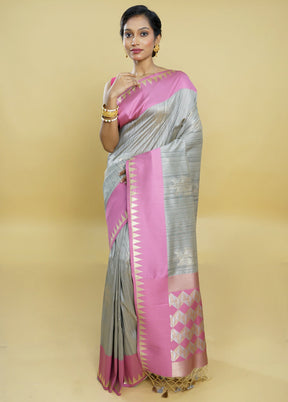 Grey Tussar Silk Saree With Blouse Piece