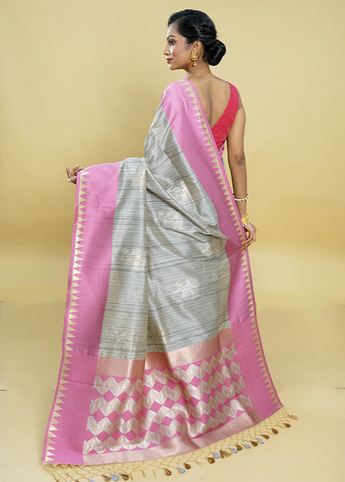 Grey Tussar Silk Saree With Blouse Piece