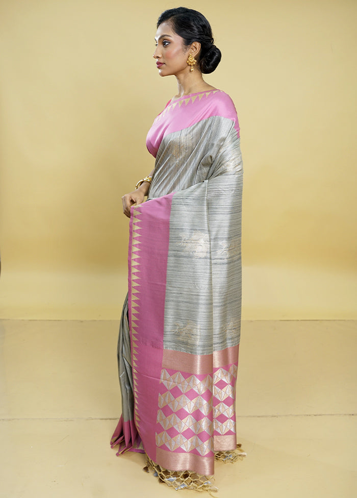 Grey Tussar Silk Saree With Blouse Piece