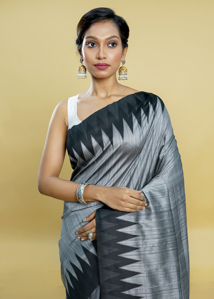 Grey Tussar Silk Saree With Blouse Piece