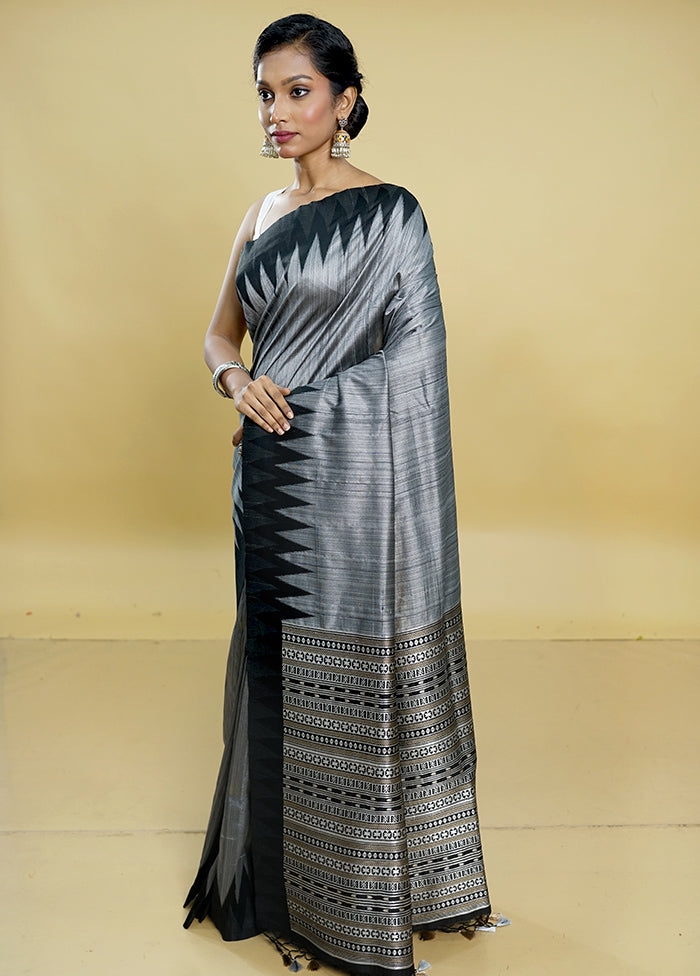 Grey Tussar Silk Saree With Blouse Piece