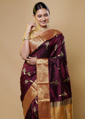 Purple Handloom Kanchipuram Pure Silk Saree With Blouse Piece