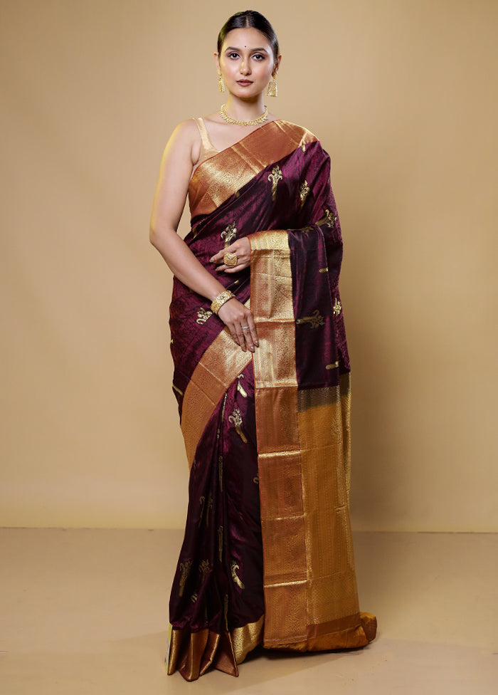 Purple Handloom Kanchipuram Pure Silk Saree With Blouse Piece