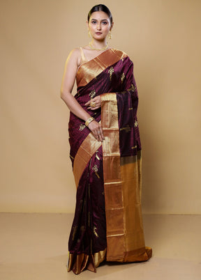 Purple Handloom Kanchipuram Pure Silk Saree With Blouse Piece