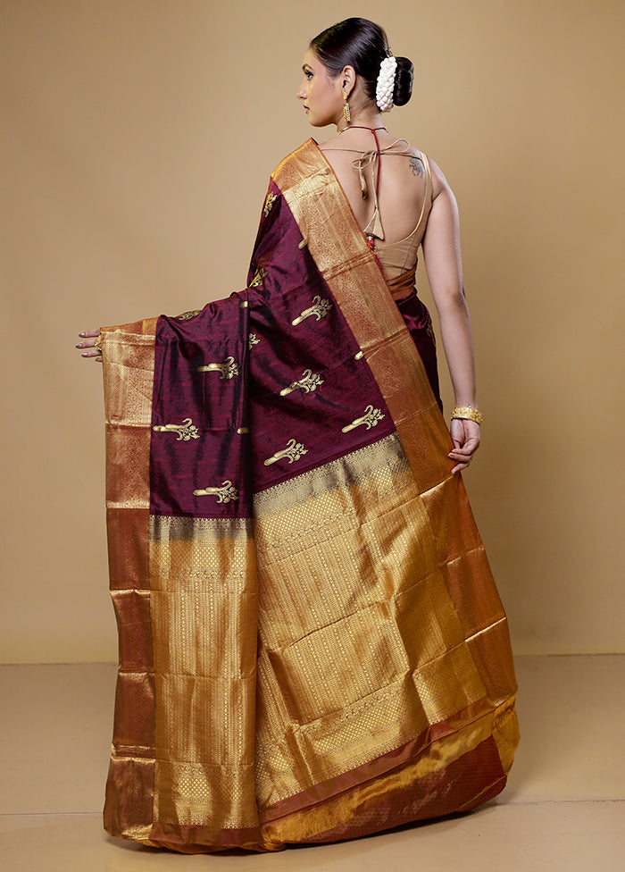 Purple Handloom Kanchipuram Pure Silk Saree With Blouse Piece