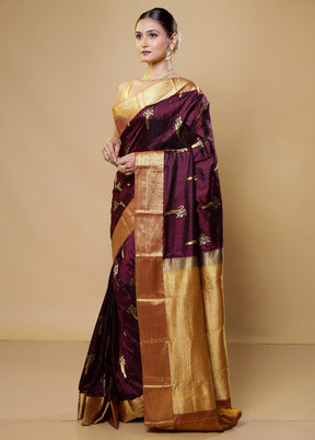 Purple Handloom Kanchipuram Pure Silk Saree With Blouse Piece