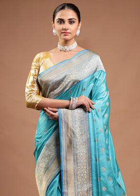 Blue Handloom Katan Pure Silk Saree With Blouse Piece