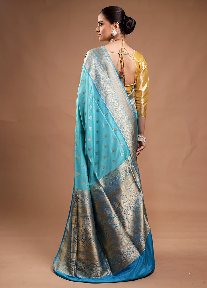 Blue Handloom Katan Pure Silk Saree With Blouse Piece