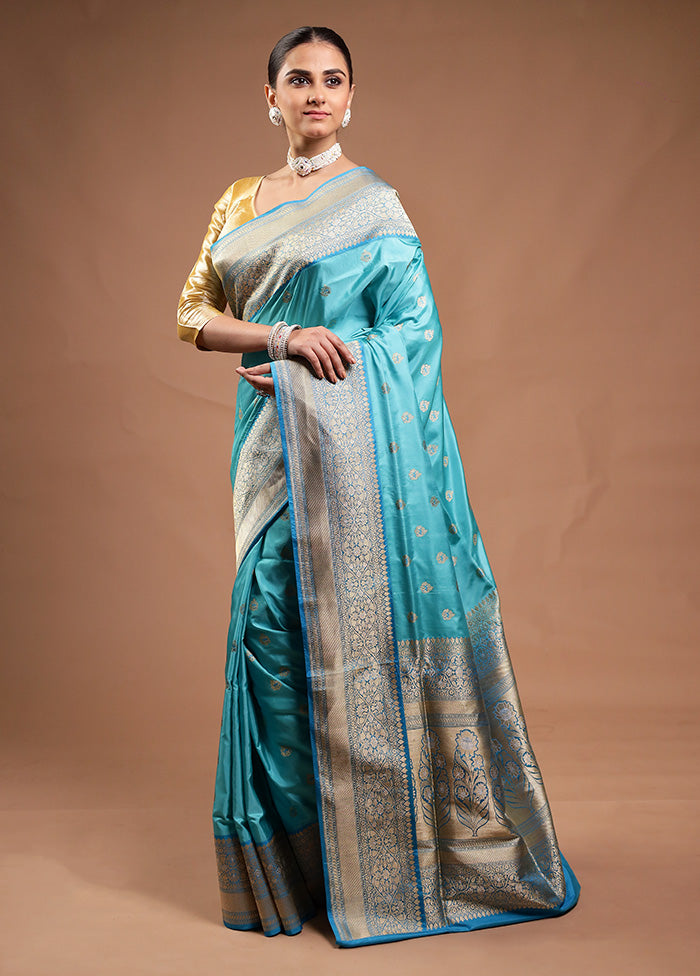 Blue Handloom Katan Pure Silk Saree With Blouse Piece