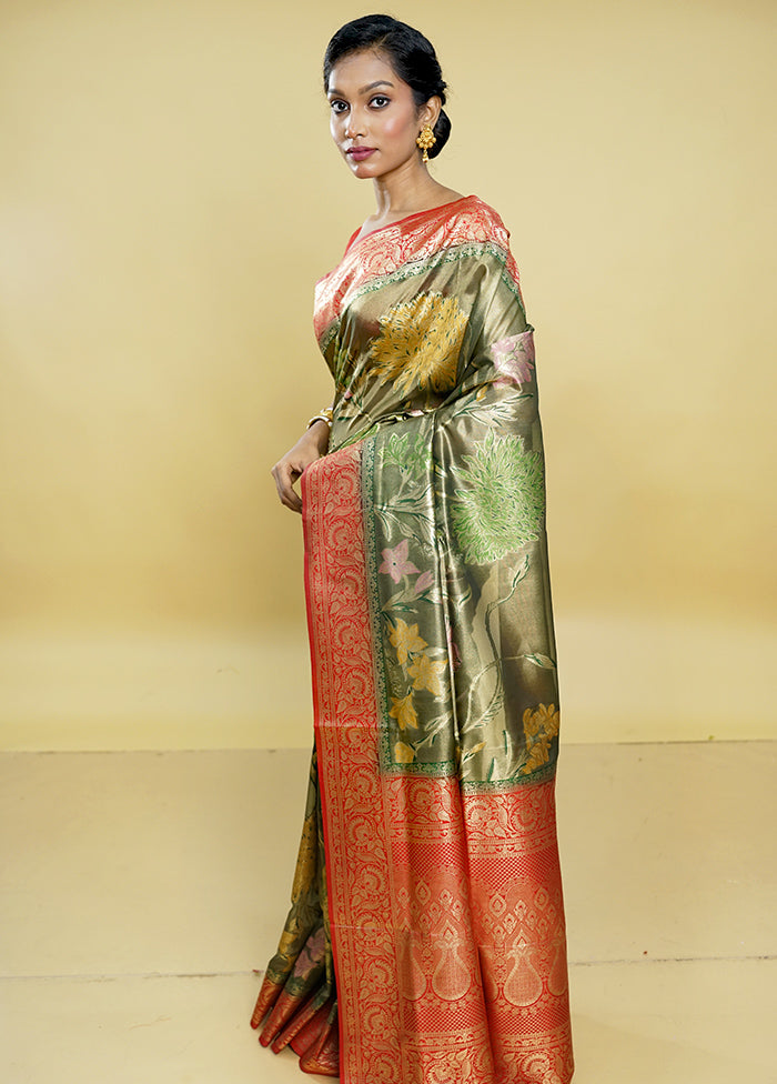 Green Dupion Silk Saree With Blouse Piece