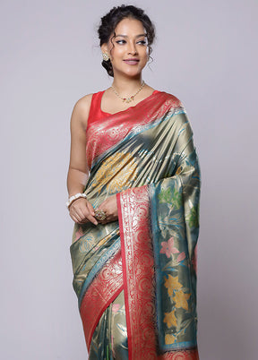 Green Dupion Silk Saree With Blouse Piece