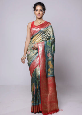 Green Dupion Silk Saree With Blouse Piece