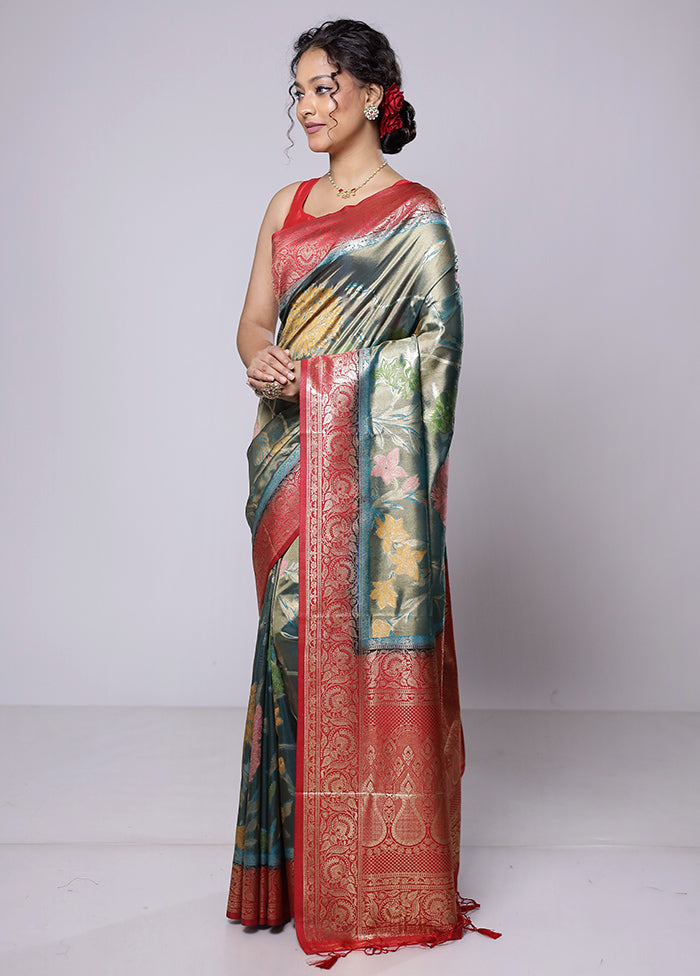 Green Dupion Silk Saree With Blouse Piece