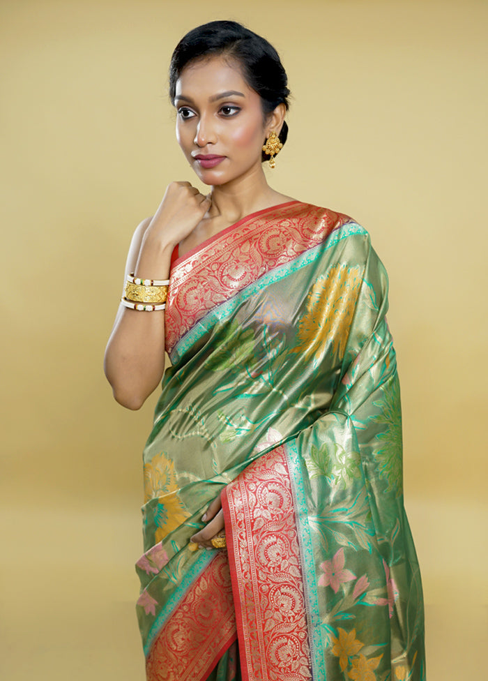 Green Dupion Silk Saree With Blouse Piece