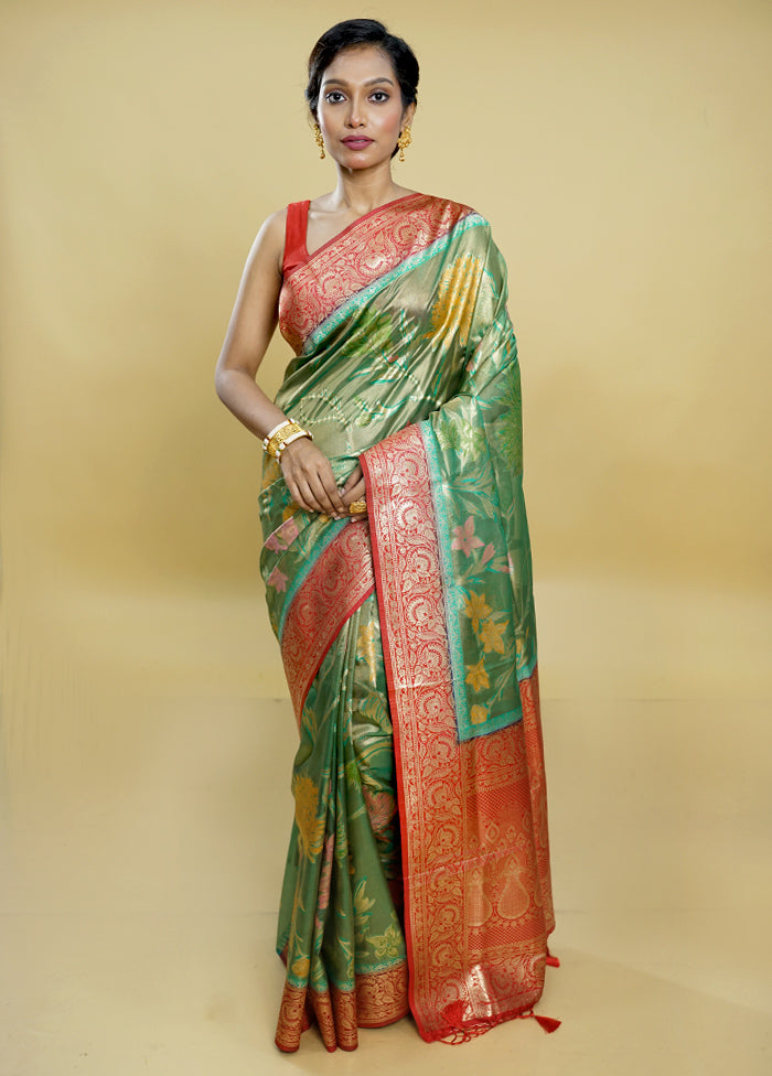 Green Dupion Silk Saree With Blouse Piece