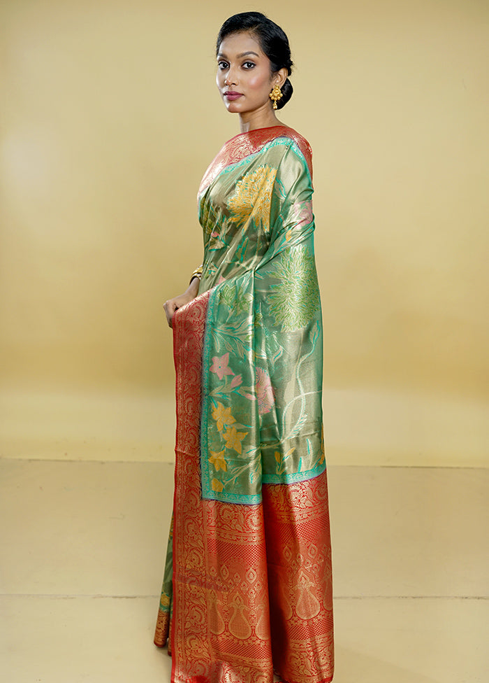 Green Dupion Silk Saree With Blouse Piece