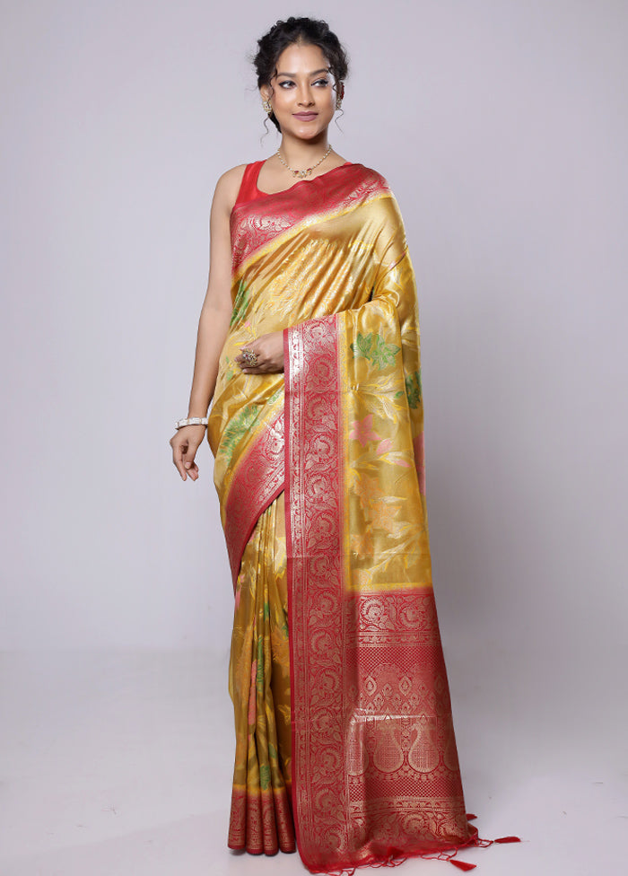 Yellow Dupion Silk Saree With Blouse Piece